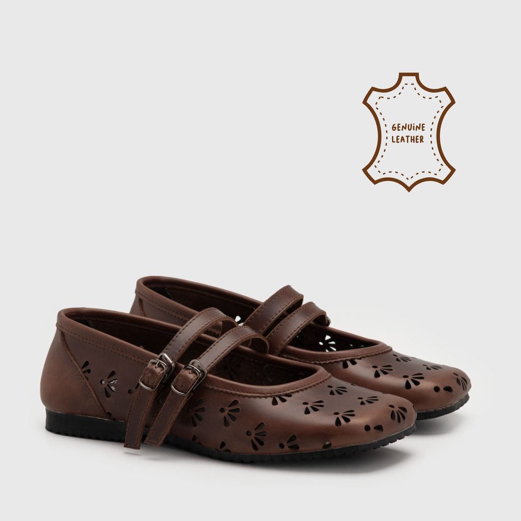 Posie Laser Cut Flat Shoes Genuine Leather Brown - 39